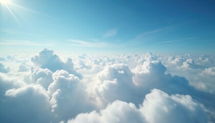 Aufkleber - Aerial view of white fluffy clouds, blue sky. Sunny day from high altitude. Cumulus cloudscape, vibrant sunlight, horizon, air, weather, stratosphere, heaven, freedom, bright scenery.