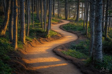 Aufkleber - Serene winding path through golden eucalyptus forest at sunset