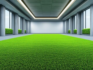 Aufkleber - Modern interior space with vibrant green grass floor and minimalist design elements for creative projects