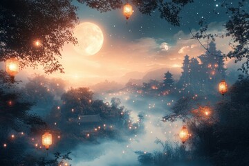 Poster - Lanterns illuminate a tranquil landscape under a full moon in a serene evening setting surrounded by mist and distant mountains