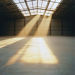 Poster - Sunlight Streaming Through Large Warehouse Windows Illuminating Empty Industrial Space