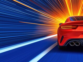 Poster - Dynamic Red Sports Car in Motion with Vibrant Light Trails and a Bluish Background for High Energy Feel