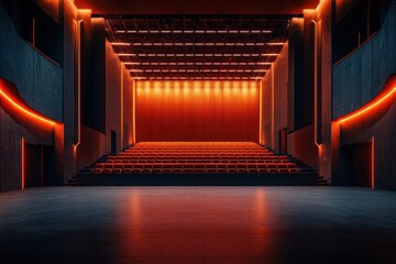 Poster - Modern performance stage with dramatic lighting designed for theatrical productions and events in an urban setting