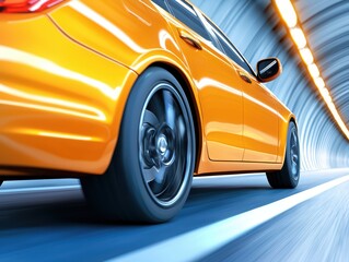 Poster - Orange Sedan Driving Through Tunnel with Motion Blur Effect, Showcasing Adventure and Speed Dynamics
