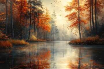 Poster - Autumn foliage reflecting in tranquil river under soft morning light with flocks of birds soaring above