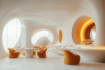 Aufkleber - Modern architecture highlights unique design elements in a contemporary restaurant located near stunning natural landscapes during daylight hours