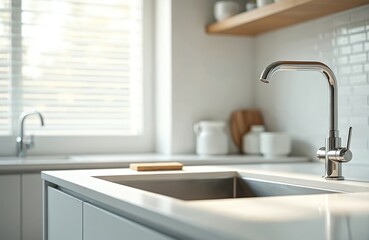 Aufkleber - Modern kitchen with white countertops, built-in sink. Chrome faucet, light-colored cabinets, tiled wall. Bright interior, contemporary design, minimalist style, ideal for home decor, real estate