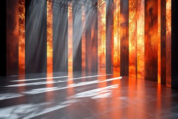 Poster - Dramatic lighting illuminates an empty stage with tall panels and soft beams in an artistic venue during a performance setup