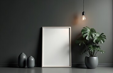 Poster - Blank white poster mockup leans against dark wall. Room design with pots, monstera plant in flowerpot, bulb. Minimalist interior design for art, photo, picture display.