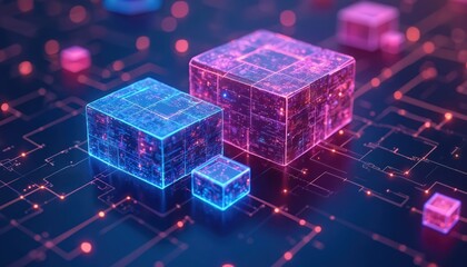 Aufkleber - Abstract digital illustration featuring data blocks connected by glowing lines. Futuristic 3D tech concept represents network, cloud computing, data storage, information transfer, cyberspace,