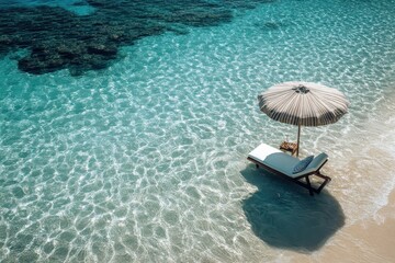 Poster - Relaxing beach scene with two lounge chairs under a straw umbrella by the shoreline on a sunny day surrounded by turquoise water and fluffy clouds
