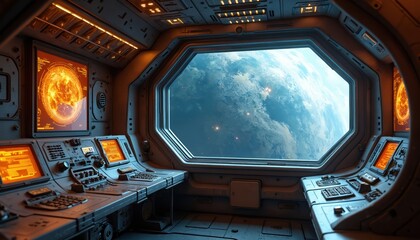 Aufkleber - Futuristic spaceship interior with view of Earth from cockpit window. Hologram navigation, control panels and computer. Sci-fi concept for tech and space exploration. Modern space station interior.
