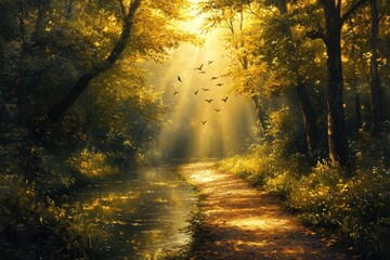 Poster - Serene forest landscape with golden sunlight filtering through trees and birds soaring above a winding river path during early evening