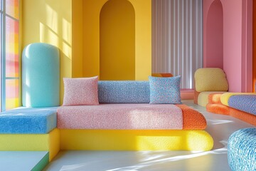 Poster - Bright yellow couch adorned with colorful pillows casts shadows in a sunlit room with large windows and vibrant wall color during the afternoon