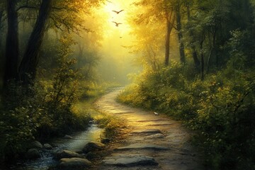 Poster - Serene forest landscape with golden sunlight filtering through trees and birds soaring above a winding river path during early evening