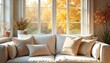 © miss irine - Cozy living room with a soft sofa. Big windows with yellow autumn view. Natural light, minimalistic design, creates a calm, relaxing, modern, bright inviting ambience.