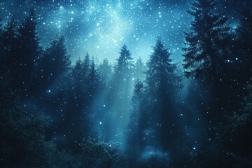 Aufkleber - Majestic starry night illuminating a tranquil forest filled with towering trees and soft mist under the celestial sky at twilight