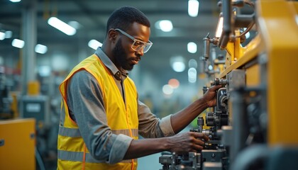 Aufkleber - African man works on machine in industrial factory. Technician with safety glasses, yellow vest. Production, assembly line. Manufacturing equipment, automation, engineering. Industrial worker at