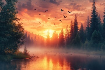 Poster - Sunset over a tranquil lake surrounded by dense forest with birds flying gracefully in the colorful sky