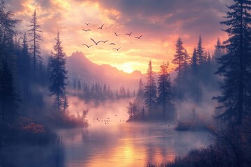 Poster - Sunset over a tranquil lake surrounded by dense forest with birds flying gracefully in the colorful sky