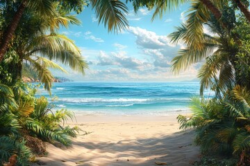 Poster - Breathtaking tropical beach view framed by palm trees on a sunny afternoon with gentle waves lapping against the shoreline