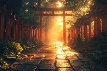 Poster - Golden sunlight illuminates a tranquil torii gate pathway surrounded by lush greenery in a serene Japanese garden at dusk