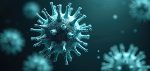 Poster - Microscopic 3D render of coronavirus. Floating influenza virus cells. Concept for disease alert, viral transmission, outbreak, epidemic spread. Biology health hazard concept.