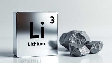 Poster - Sleek metallic lithium periodic table element tile with raw lithium ore rocks on clean white surface