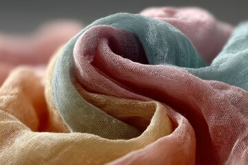 Poster - Woven Cotton Textile Swirls Displaying Soft Texture in Shades of Pink, Yellow, and Blue