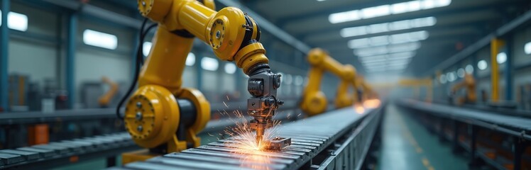 Aufkleber - Automated industrial robot arm welds metal parts in manufacturing factory warehouse. Modern robotic arms, robotic welding, assembly line tech, future tech, ai. Production industry. Panoramic image of