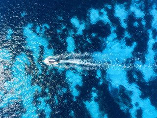 Wall Mural - vacation and leisure. seascape with motorboat. aerial view on fast boat at blue sea at sunny day. fa