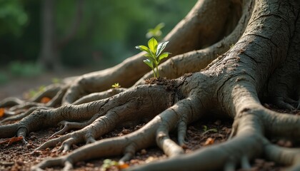 Poster - Close up of tree roots, green leaves. New life concept. Strong tree roots, big trunk. Natural wood texture. Close up of roots with green sprout, forest, background. Nature, growth, life.