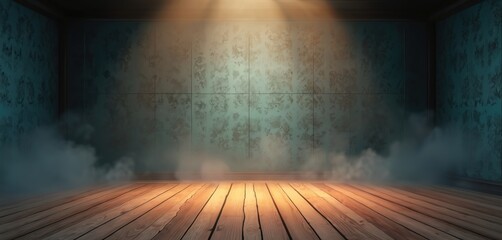 Leinwandbilder - Empty dark room illuminated by spotlight. Scene features concrete wall fog wooden floor. 3d render empty studio space, perfect product presentation stage.