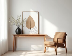 Fototapete - Interior design showcasing simple white room with wooden furniture. A table holds a vase with flowers, leaf picture. Armchair beside, sunlight through window. Clean modern style.