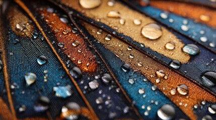 Poster - Vibrant Blue Orange Bird Feather Macro Photography Stunning Detailed Water Droplets Close Up Shot Nature Texture Background Image art wet wing high dark color stock light shiny    