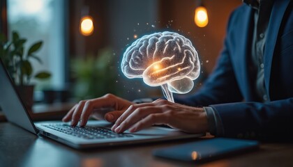 Poster - Businessman types on laptop, AI hologram brain. Concept innovation, intelligence, technology in workplace. Digital office, future technology, virtual information, computer, cyberspace. Brainstorming,