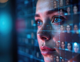 Poster - Close-up of woman face with facial recognition grid. Digital interface, diverse faces. High-tech, realistic portrait, system for biometric identification, access control, security. Innovative concept