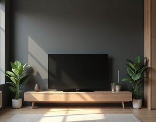 Poster - Modern living room features flat screen TV on wooden entertainment stand. Minimalist design home decor with grey wall. Plants in pots on the floor, window light enhances contemporary style.
