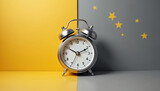Conceptual illustration features alarm clock in grey, yellow. Healthy sleep, circadian rhythm balance, time management, rest. Stars denote night. Ideal for mental health, wellness, lifestyle content.