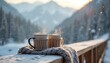 © miss irine - Two hot coffee cups with knitted warmers atop snow-covered wooden bridge with blanket. Winter mountain background. Steaming drinks in mugs on cold snowy winter morning, cozy atmosphere. Relaxation,
