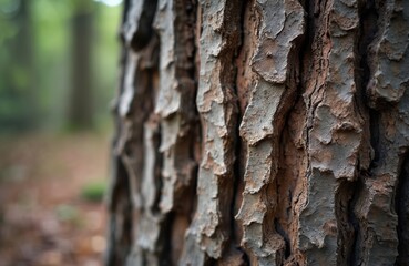Poster - Tree bark close-up. Textured surface details of forest tree. Rough, weathered, natural, brown, grey colors. Abstract pattern, wood texture background. Environmental eco concept, wood industry.