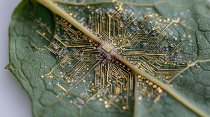 Poster - Green Leaf Circuit Board Technology Nature Electronic Microchip Sustainable Innovation Bio Technology Digital Nature Inspired Design Electronic Components High Resolution Image    