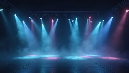 Aufkleber - Stage with colored spotlights, smoke. Blue, pink lights illuminate the scene. Party atmosphere. Nightclub, concert, theatre, show stage. Bright, vibrant colors, abstract, modern, exciting event.
