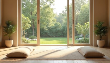 Poster - Serene zen garden room with natural light. Calm interior design with indoor plants, wooden floor, comfy cushions. Yoga, meditation, relaxation space with bright sunlight, garden view.