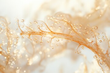 A close-up of a golden, netted material with shimmering water droplets, creating an ethereal, abstract, and luxurious texture.