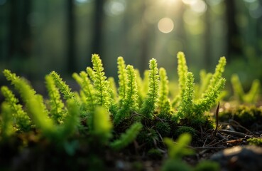 Poster - Close-up of green club moss sprigs on forest floor. Blurred background. Sunlight, abstract light spots. Natural plant background, forest nature, flora, spring, botanical, medicinal, organic