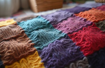 Aufkleber - Close-up view of a colorful knitted blanket with graphic design. Variegated yarn, squares with bright colors. Hand-made warm cozy wear from wool threads, home decor item.