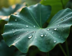 Poster - Close-up of an Elephant Ear plant leaf. Water droplets on the giant leaf, morning sunlight. Tropical flora, natural background. Fresh, green nature with vibrant colors and clear water drops.