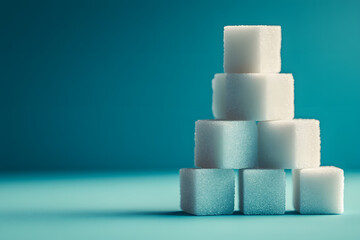 Poster - A pyramid of sugar cubes against a soft blue background, highlighting their geometric shape and texture.