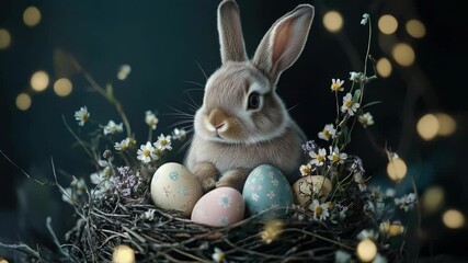 Poster - A rabbit sitting on its eggs in a cozy nest